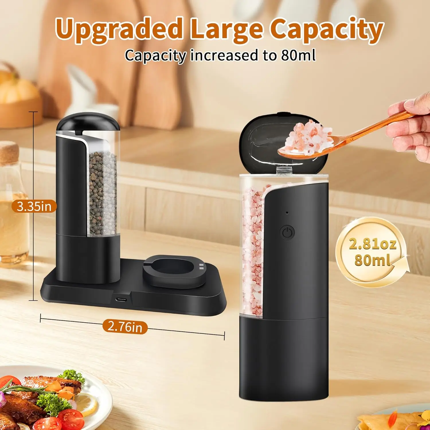 USB wiederaufladbare elektrische Salz- und Pfeffermühle mit Ladestation, automatische Pfeffermühlen, Gewürzmühlen, einstellbare Grobheit