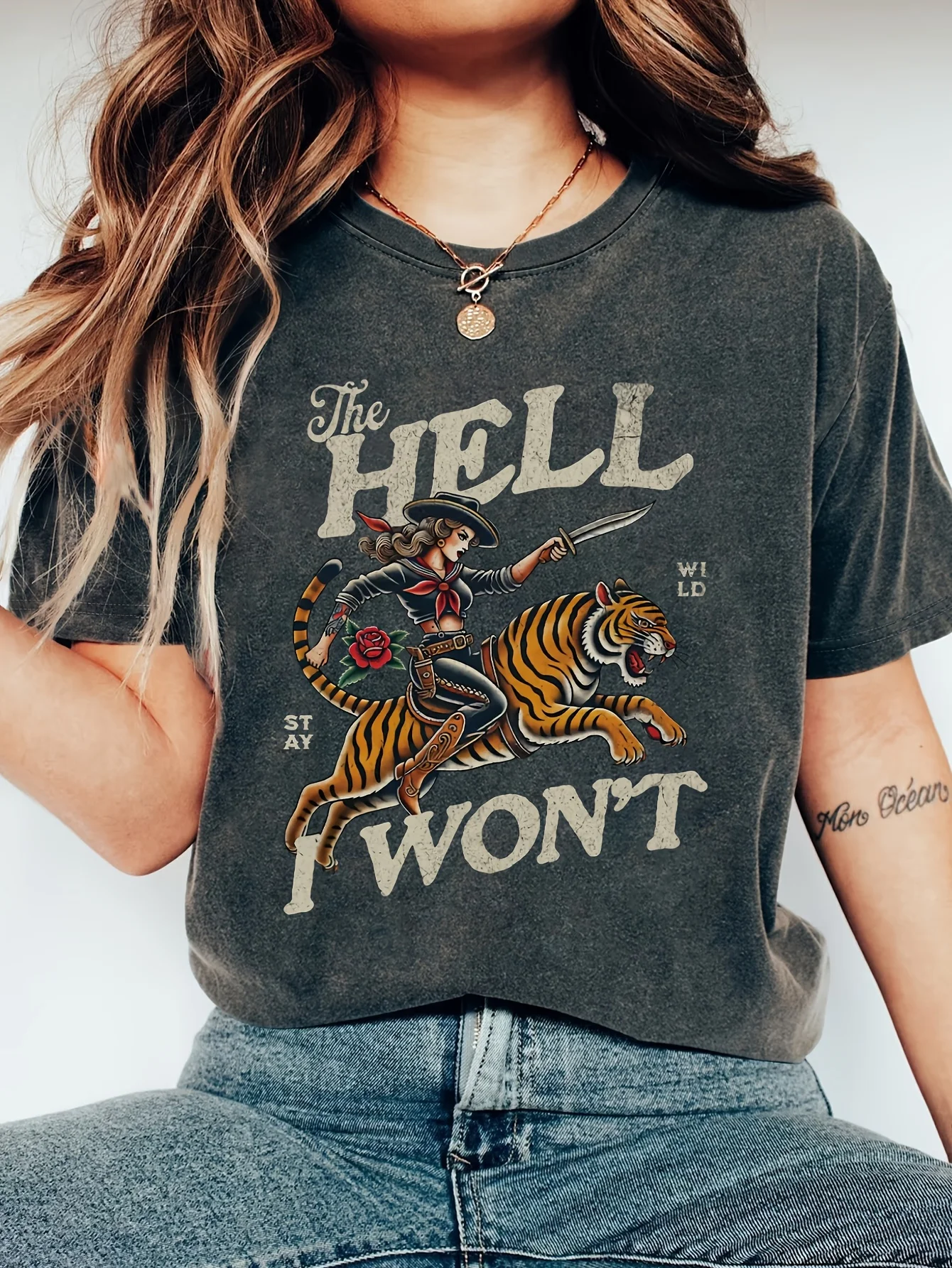 The Hell Wild Stay I Won't Cowgirl Tiger T-shirt, 