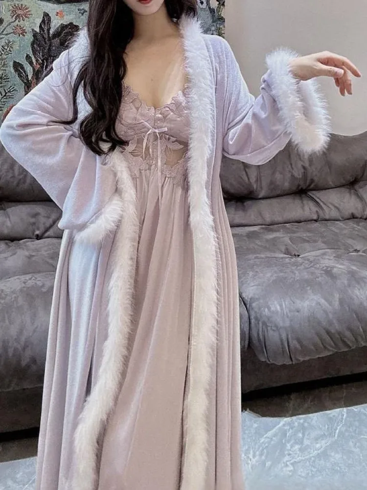 

Sexy Lazy Long Dress Robe Set Pure Color Winter Home Wear for Young Women with Fur Trim Early Spring Fashionable Wealthy Miss