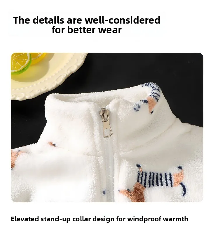 Kinder-Hausanzug-Set für Jungen und Mädchen, doppelseitiger Fleece und verdickter Samt-Pyjama mit Jacke, warmes zweiteiliges Set – Detail 9