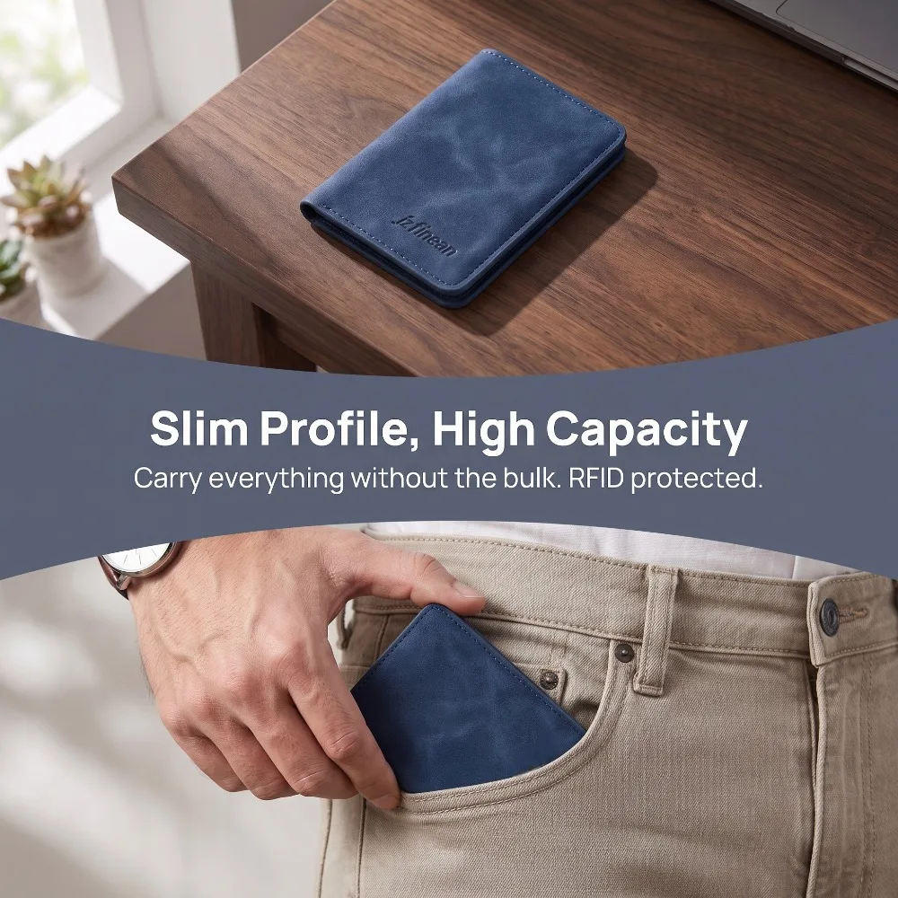 Slim Vertical RFID Blocking Bifold Wallet for Men Minimalist Compact Purse Suede Faux Leather with Clear ID Window Card Holder