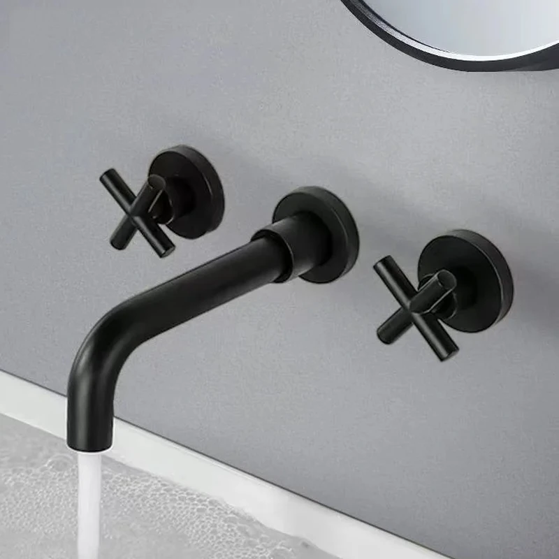 

Латунная раковина для ванной комнаты, настенный смеситель для горячей и холодной воды, раковина с двойной ручкой, встроенный кран