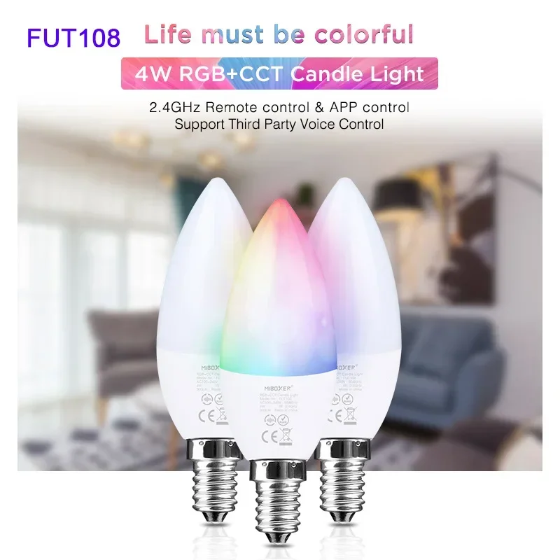 

Miboxer FUT108 E14 4W LED Candle Light RGB+CCT Spotlight AC 110V 220V Bedroom Room decoration Bulb Lamp 2.4G Remote control