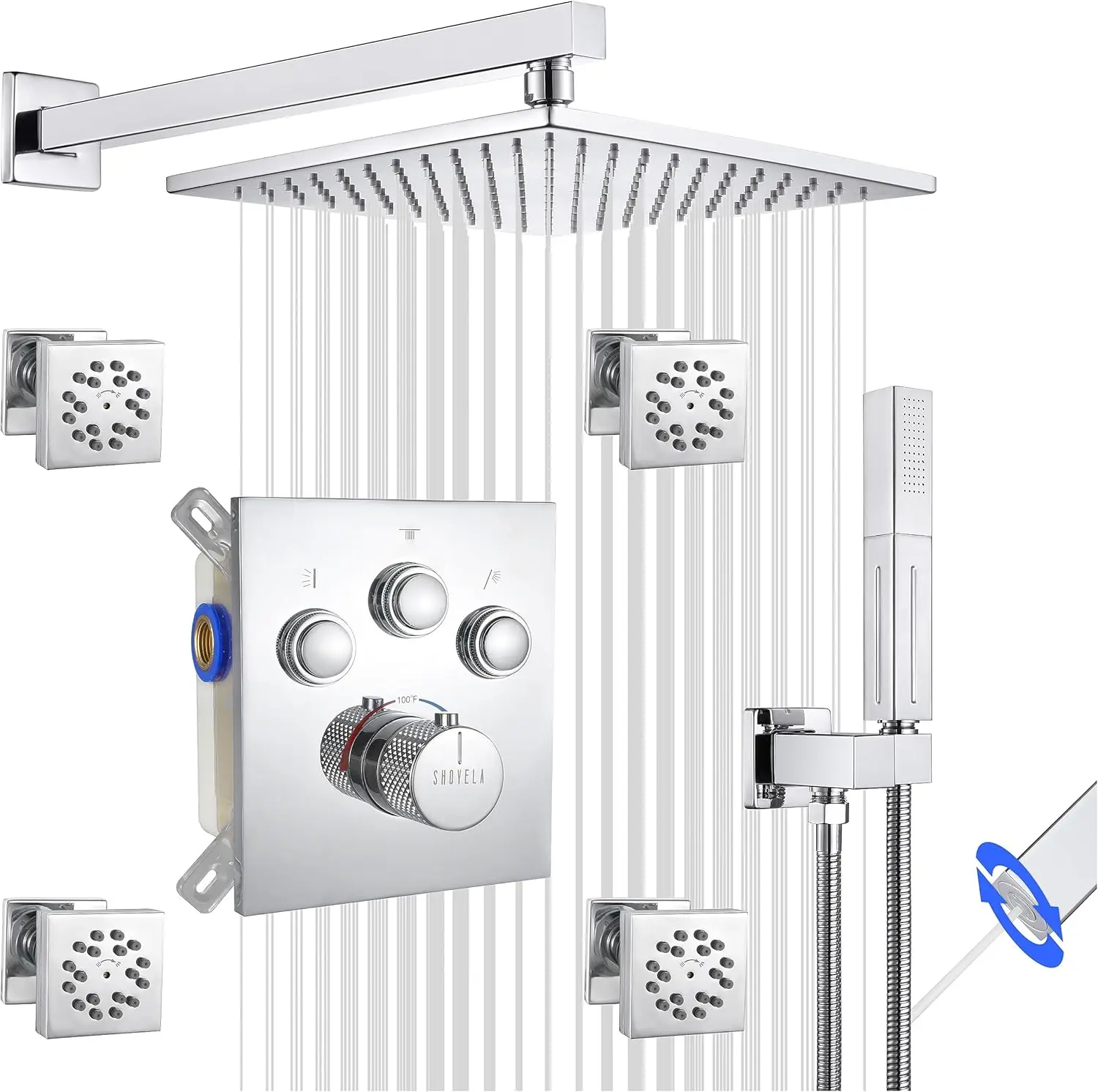 Thermostatic Shower System With 4Pcs Body Jets Chrome, Push Button Diverter Shower Faucet With 2 In 1 Handheld, Wall Mount 10