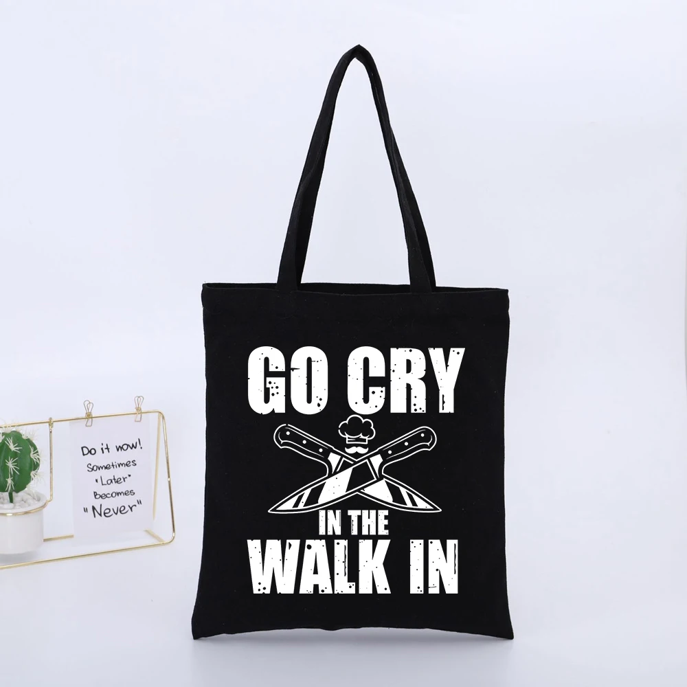 Black Canvas Tote Bag with Kitchen Knife and Slogan Print, Casual Style for Daily Shopping