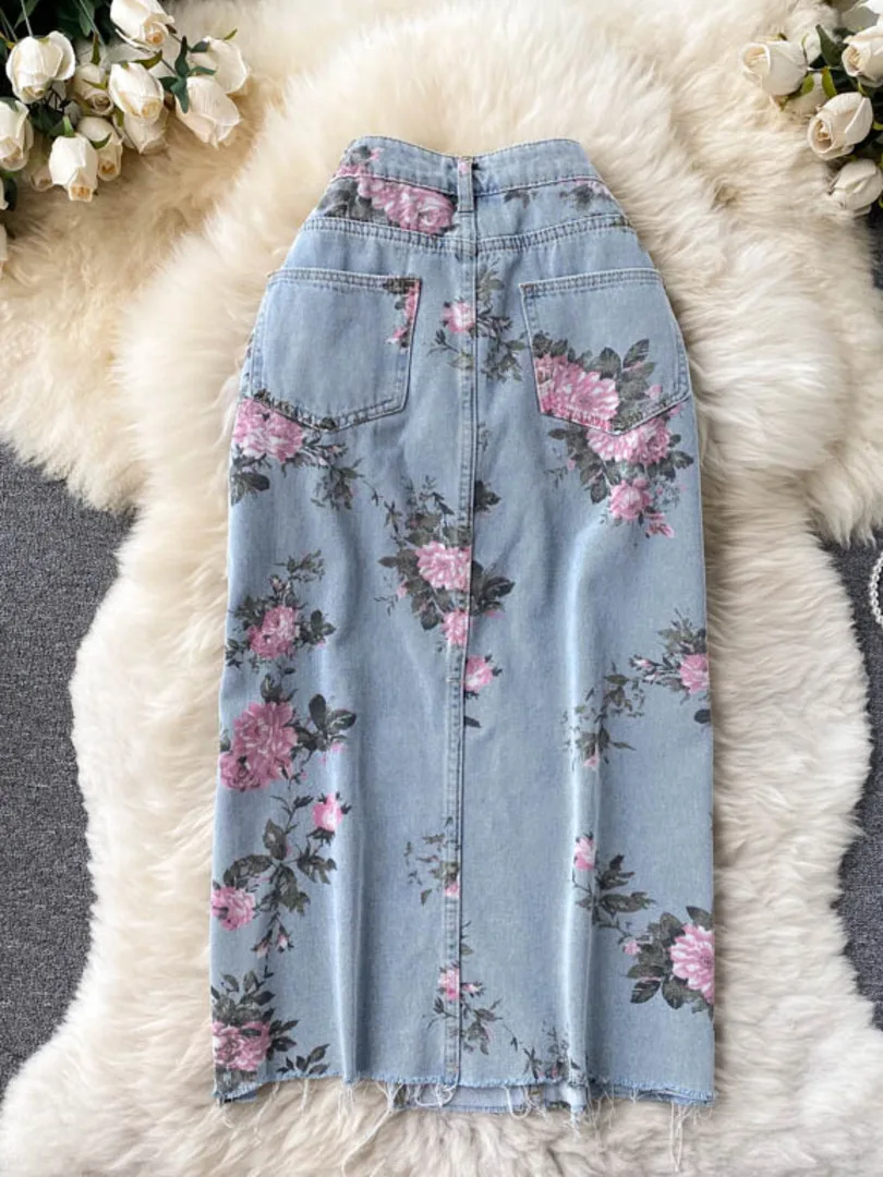 Flowers Print Jeans Women Vintage High Waist Denim Long Pants 2024 Fashion Autumn Casual Wide Leg Full Length Denim Trousers