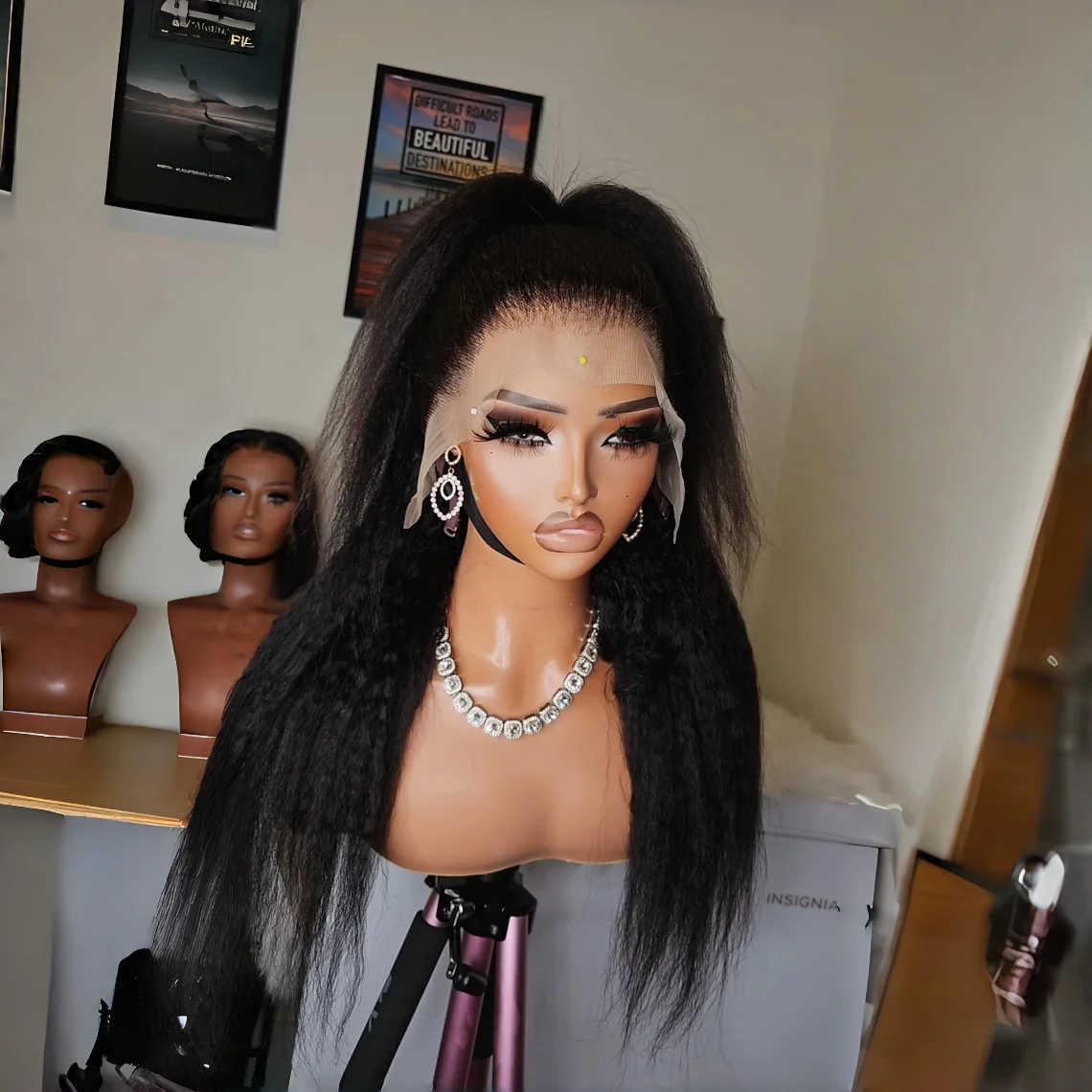

Glueless Long Soft Yaki Natural Black 26Inch Kinky Straight Lace Front Wig For Women Baby Hair Synthetic Preplucked Daily