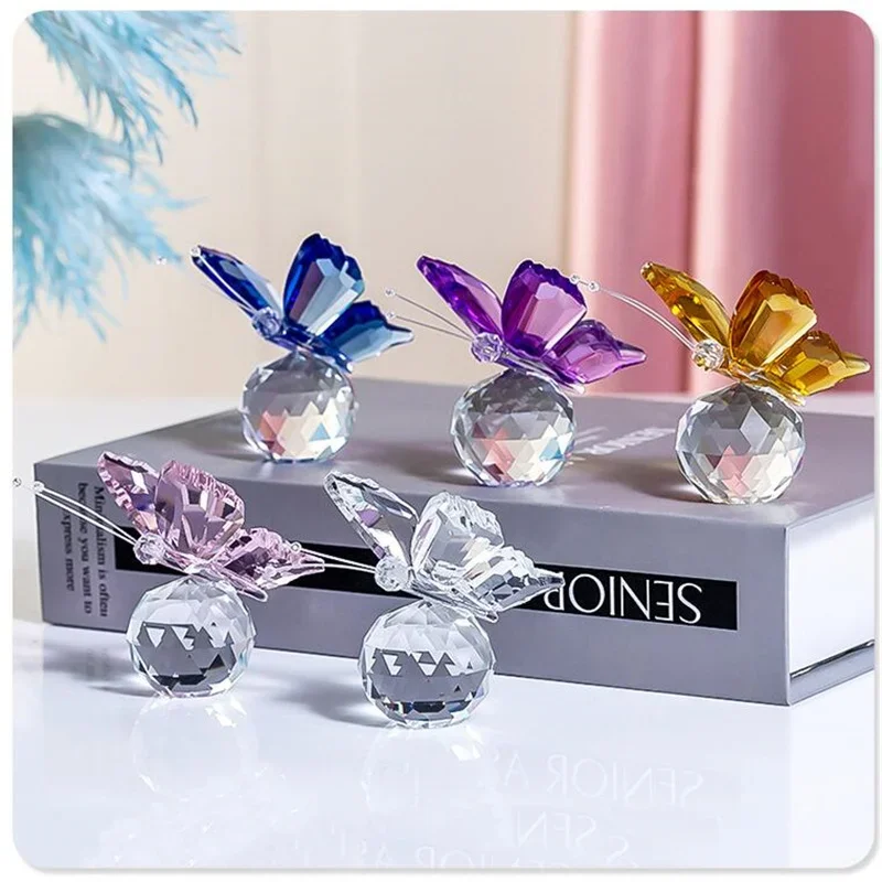 Crystal Flying Butterfly with Ball Base Figurine Cut Glass Ornament Statue