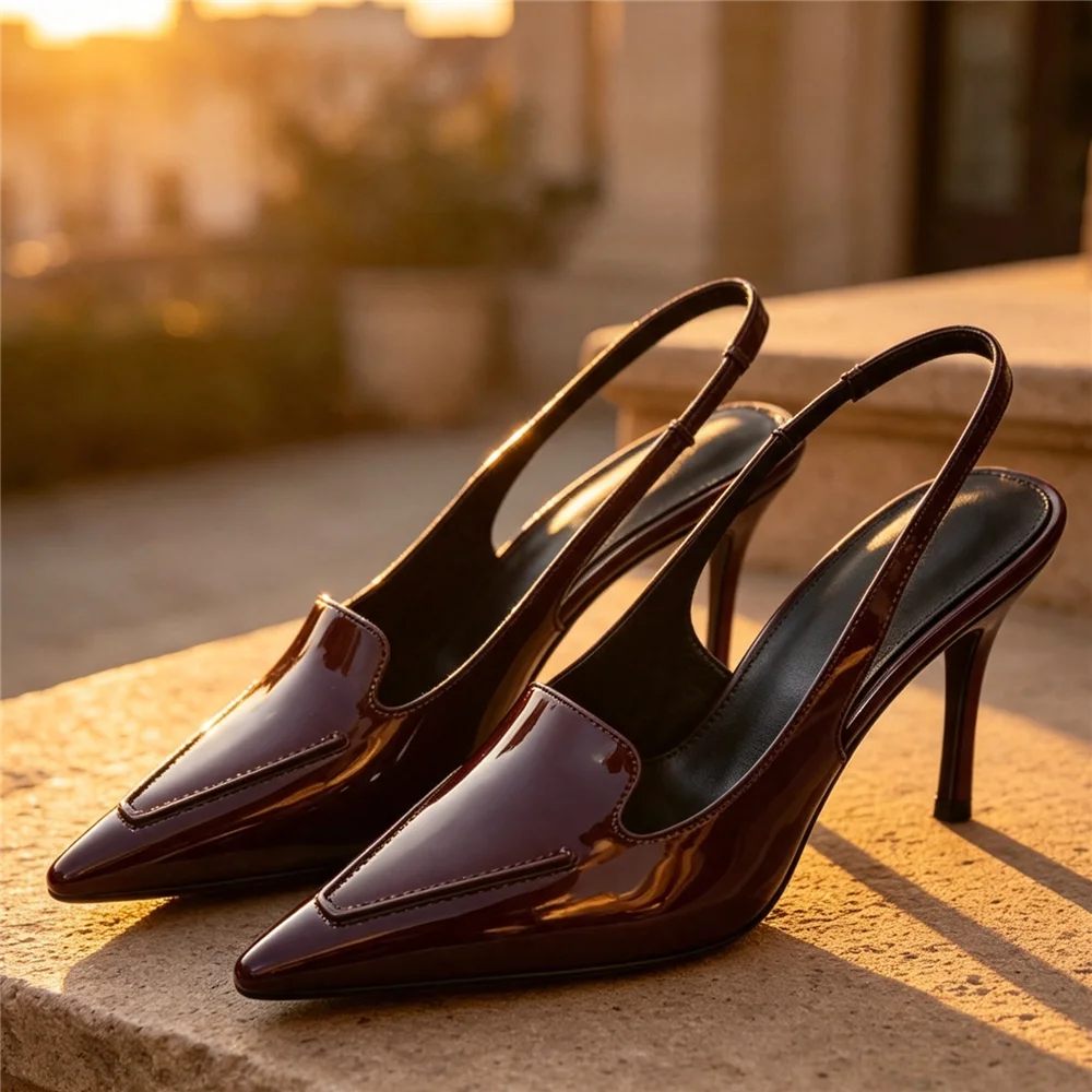 Women Burgundy Patent Leather Slingback Heels Pointed Toe Stiletto Pumps Elegant Back Strap Wedding Party Office Dress Shoes view 2