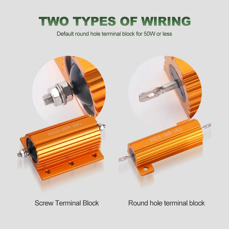 Żółta aluminiowa obudowa rezystora mocy Rx24-5W10W20W30W50W, rezystor ograniczający prąd, rezystor wstępnie obciążony, rezystor do dekodowania wyładowania metalowego, 1,5,6,8,10,12,20,30,50,100 Ohm, 1 sztuka — zdjęcie produktu 2