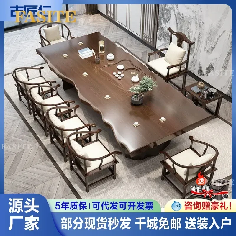 For New Chinese Style Large Solid Wood Tea Table Simple Kung Fu Tea Desk Office Whole Board Drinking Table Chair Set