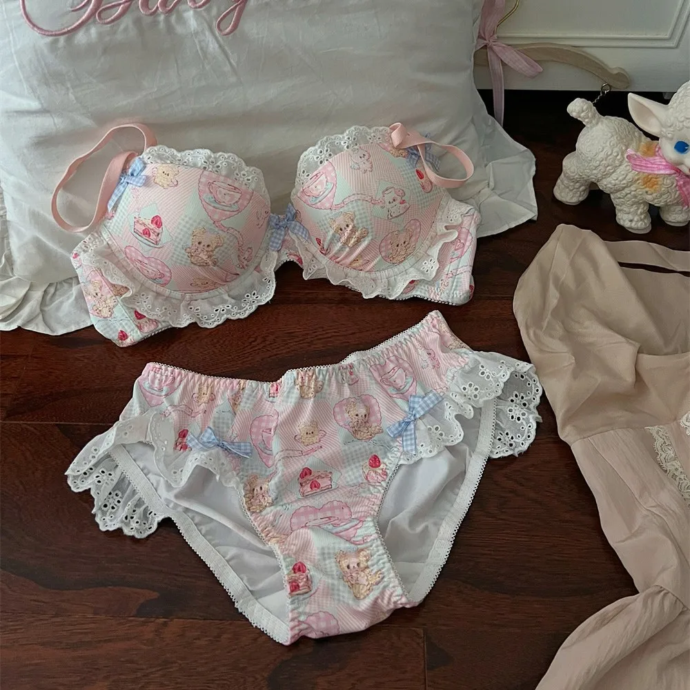 الدب الصغير الحلوى المرقعة لطيف الحلو الصدرية اليابانية لوليتا الدانتيل Underwire الصدرية فتاة الملابس الداخلية جمع مجموعة الملابس الداخلية