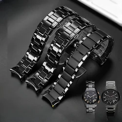 For Armani Black Ceramics Men's Double Press Buckle Solid Stainless Steel Watchbands Ar1451 Ar1452 Ar1400/1410 Accessories