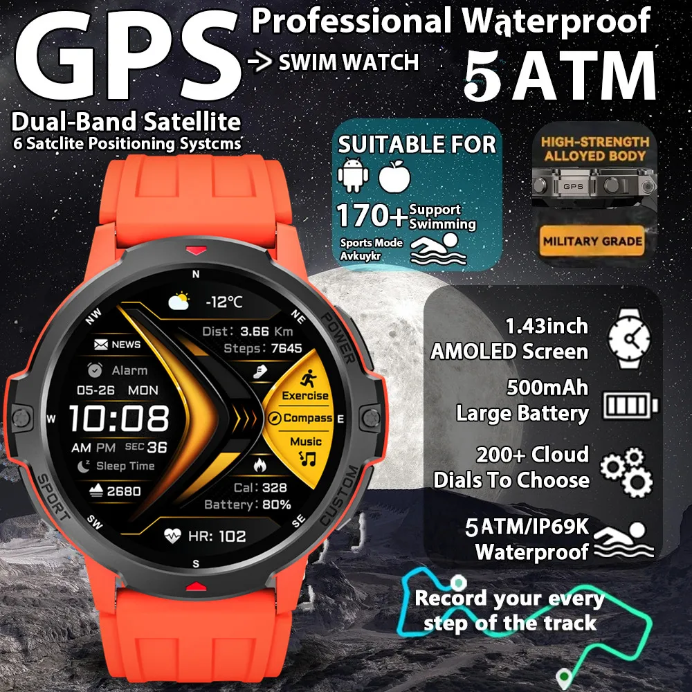 Nouveau 2025 GPS montre intelligente 1.46 "AMOLED écran boussole altimètre barométrique 580mAh batterie 5ATM sports de plein air montres intelligentes pour hommes