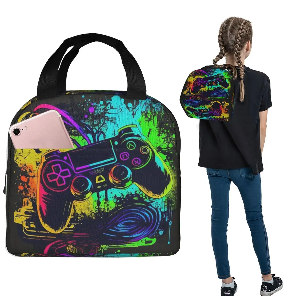 

Video Game Gamepad Cool Gamer Slogan Game Lunch Bags Insulated Bento Box Waterproof Lunch Tote Leakproof Picnic Bags