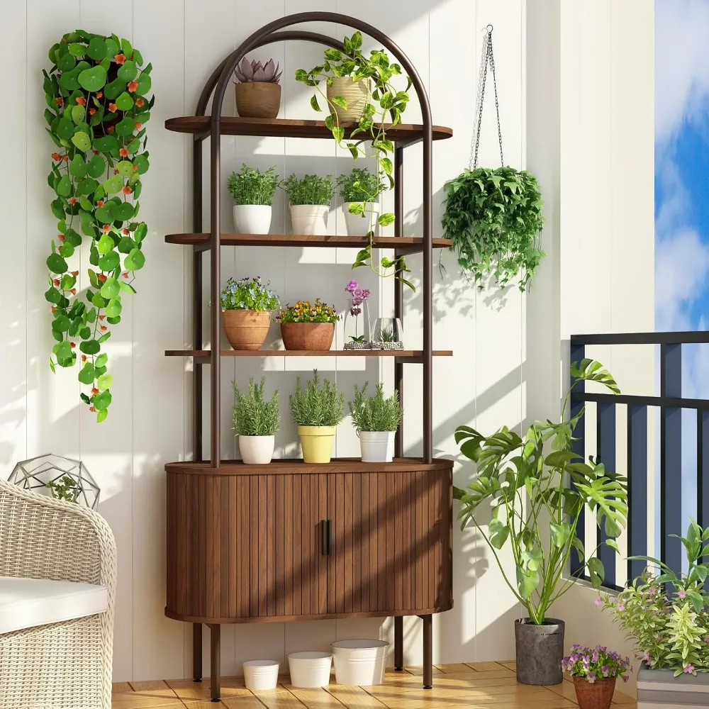Large 71 Inch 5-Tier Bookcase with Door Storage Cabinet and Modern Arched Top Design