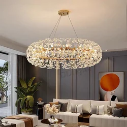 Modern K9 Crystal Hanging Chandelier Gold Luxury Living Dining Room Lustre Circular LED Hanging Lamp Indoor Lighting Decoration