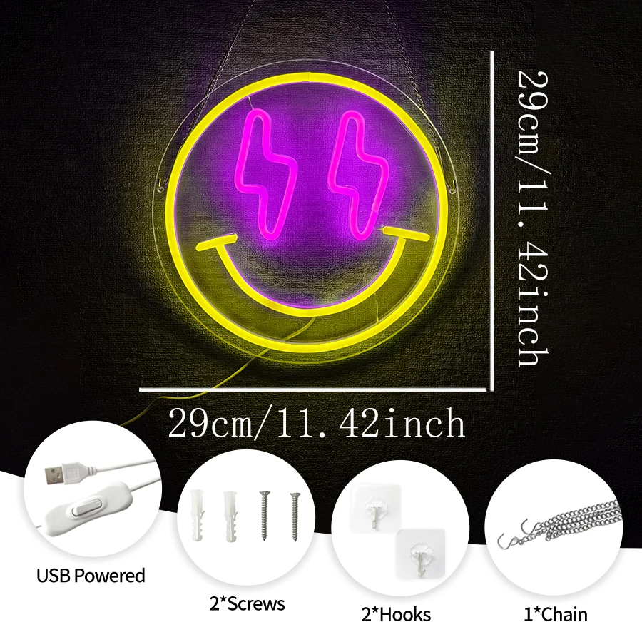 Lightning Eyes Smiley Face Neon Sign For Wall Decor,Light Up Sign For Bedroom,Living Room,Game Room,Man Cave,Gift For Friends