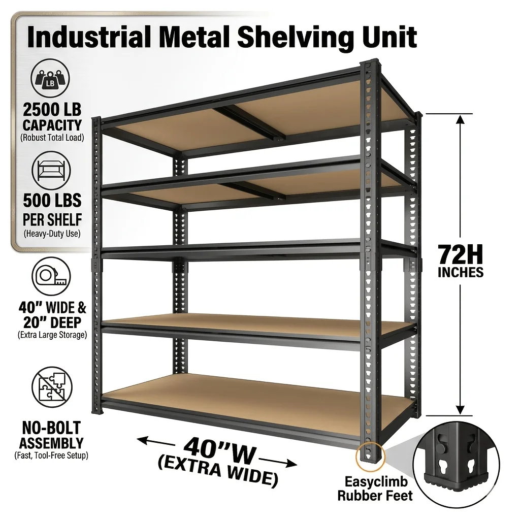 

Heavy Duty Storage Shelves - 5-Tier 60" Wide Metal Shelf, 3000 LB Capacity (600 LB/Shelf), Adjustable Height Garage Shelving Heavy Duty for Garage, Warehouse, Basement, Storage Racks