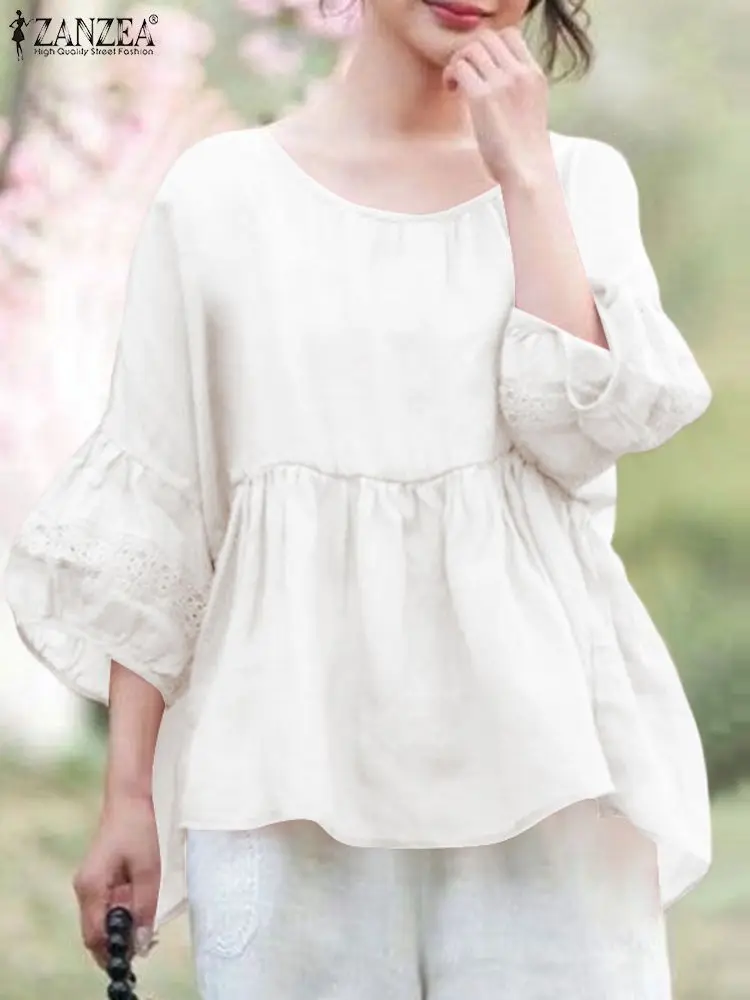 

ZANZEA Vintage Lace Stitching Shirt 2024 Summer Solid Color Chemise Women Lantern 3/4 Sleeve Blouse Casual Loose Pleated Tops