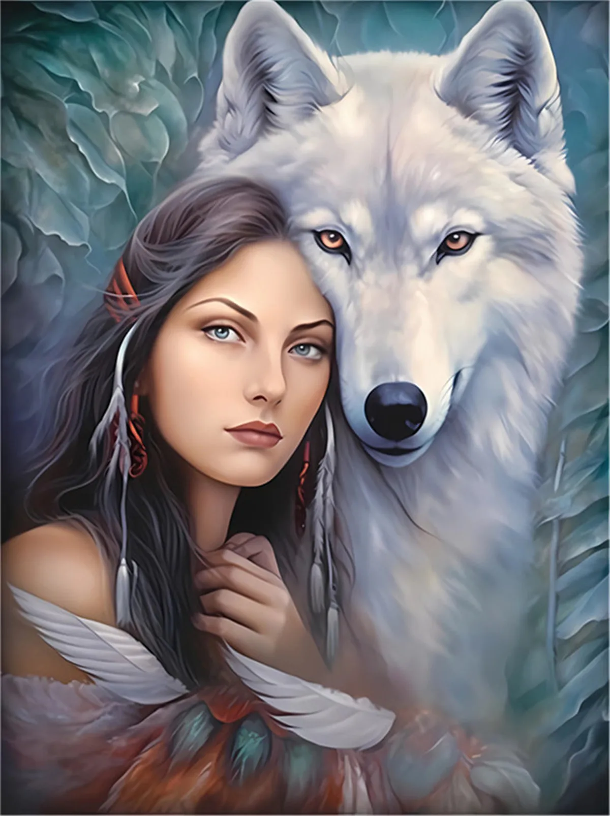 

African American Woman and Wolf Jigsaw Puzzles 100 300 500 1000 Pieces for Adults, Colorful Dreamcatcher Headdress