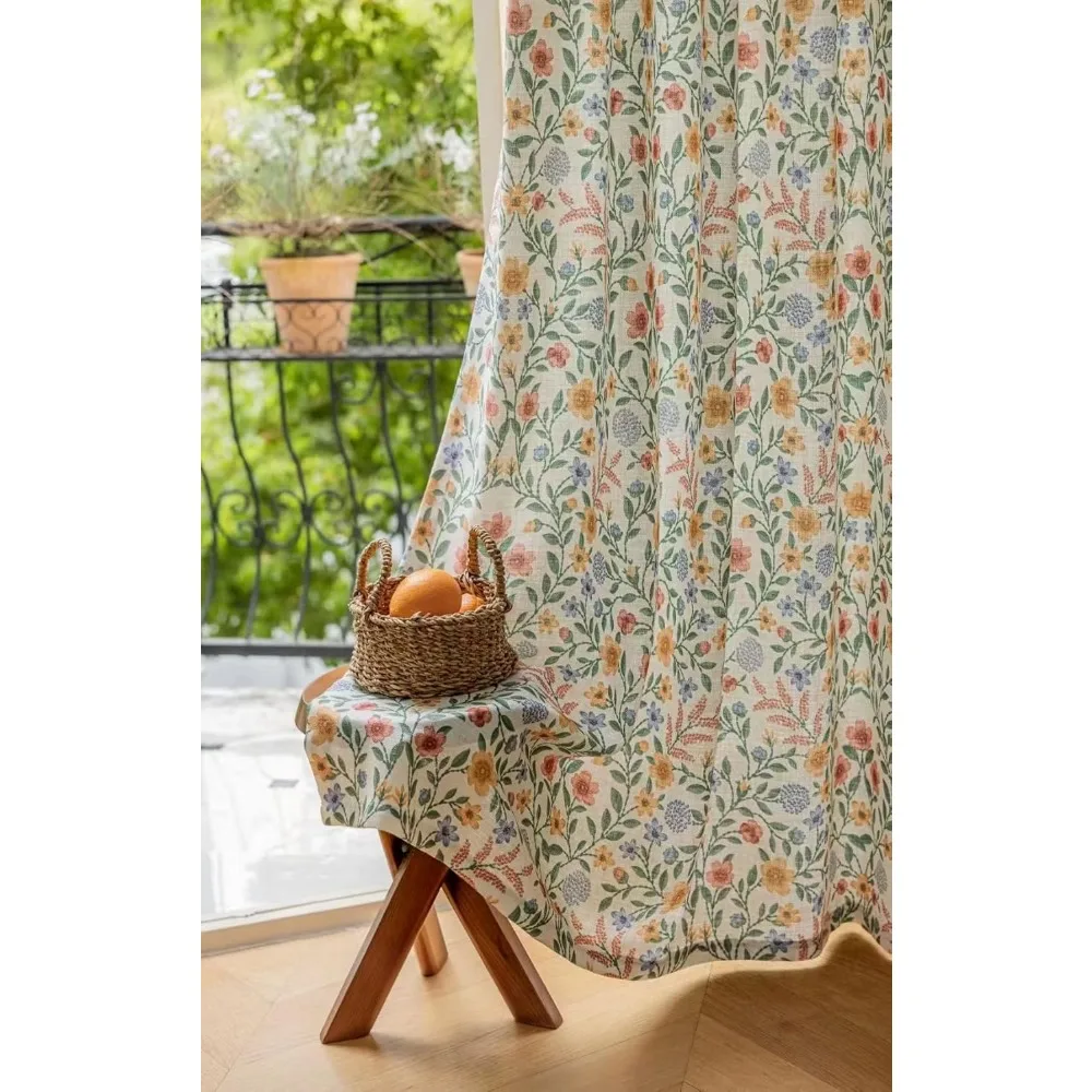 Lniane zasłony w stylu farmhouse do salonu, długość 260 cm, zasłony okienne z kwiatowym wzorem, półzaciemniające draperie do sypialni, styl rustykalny.