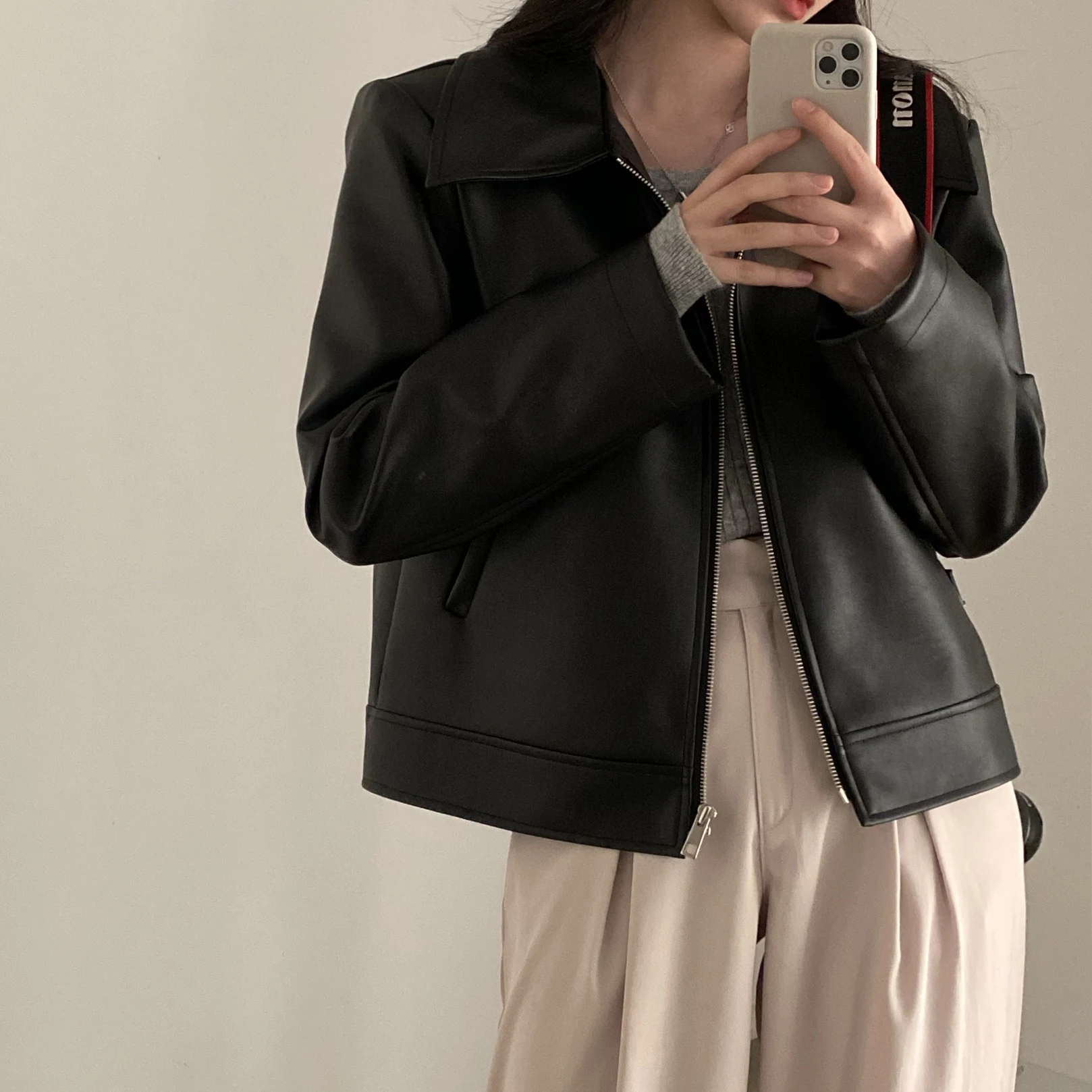 معطف Sli Biker Leather Jaet للسيدات كوري بسيط من Faion Cool Girl متعدد الاستخدامات للخريف والشتاء طويل بسحاب #3