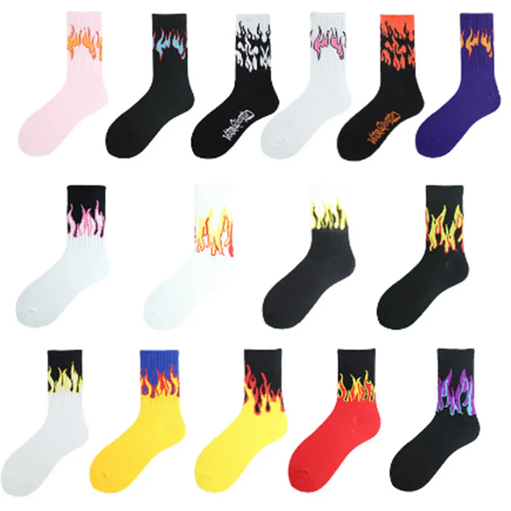 Men's Women Trendy hip-hop skateboard athletic short socks Mid-Calf flame Medium Tube cotton sock W028