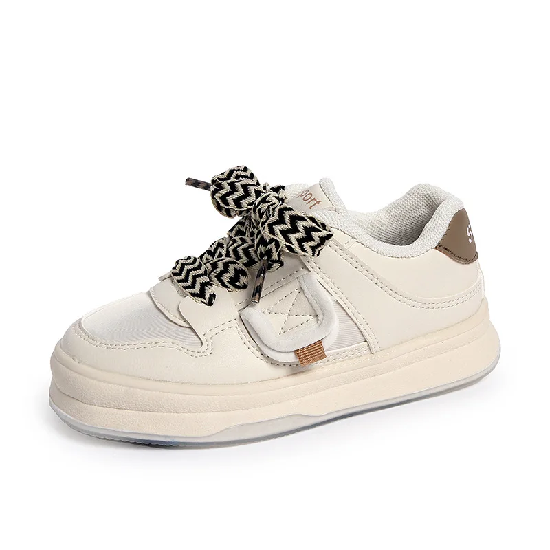 

2025 New Boys' and Girls' Fashion Casual Shoes Children's Sports Shoes Student Non Slip Striped Lace Up Little White Shoes