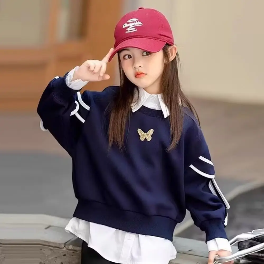 Faux Two Piece Girls Sweatshirt Bow Sleeve Accents Preppy Style Faux Layered Sweatshirt Navy Layered Hem Girls Casual Top