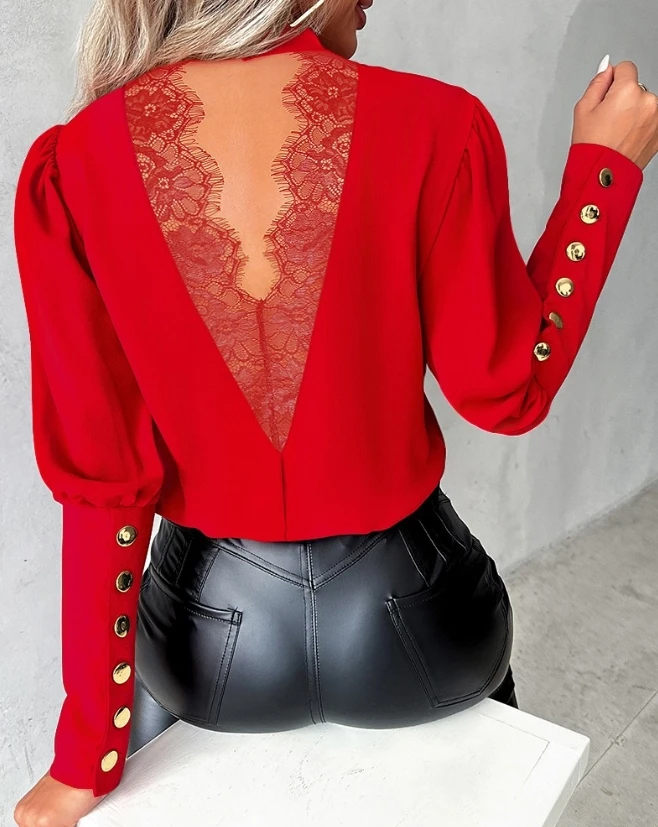 Fashion Woman Blouse 2023 Autumn/winter New Casual Solid Round Neck Versatile Eyelace Lace Patch Button Top Female Clothing