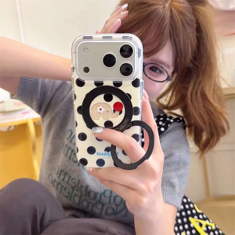 

Kawaii Cartoon Elephant Polka Dot Magnetic Stand Phone Case For iPhone 17 Pro 15 16 Pro Max Back Cover Acrylic Shockproof Cases