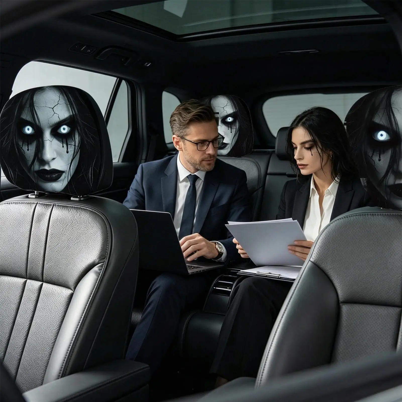 Scary Headrest Cover 2-Pieces Halloween Decoration Accessories Hilarious Car Headrest Protector for Men Women Family Friends