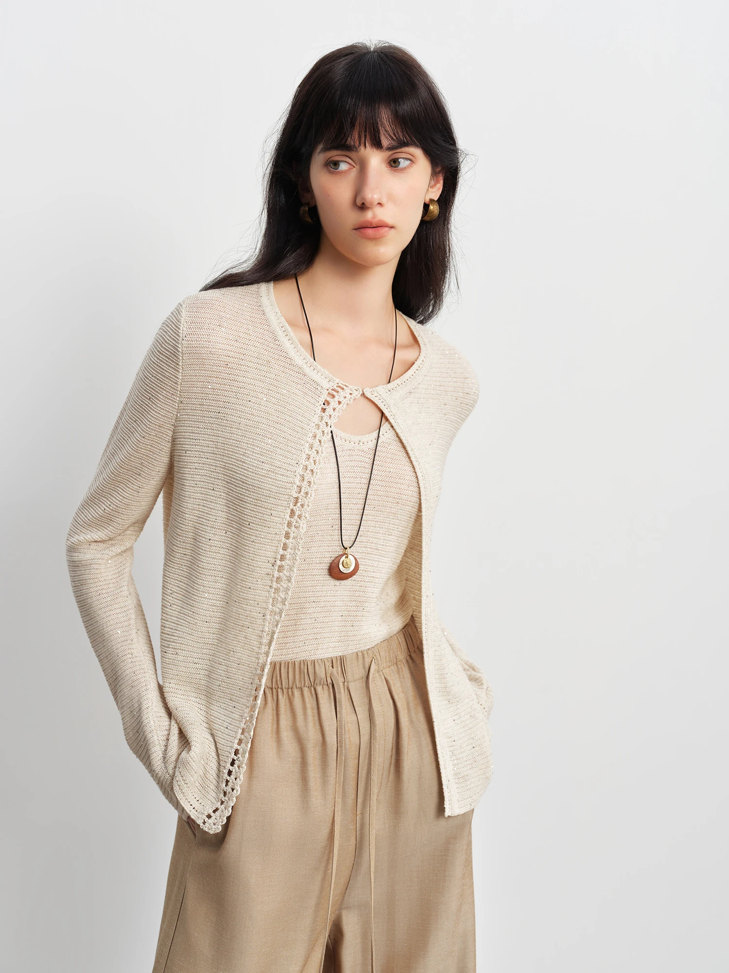 ZIQIAO Breathable Hand-Crocheted Beaded Knit Sweater & Bodysuit Set for Petite Women 2026 Spring New Arrival Linen Camisoles