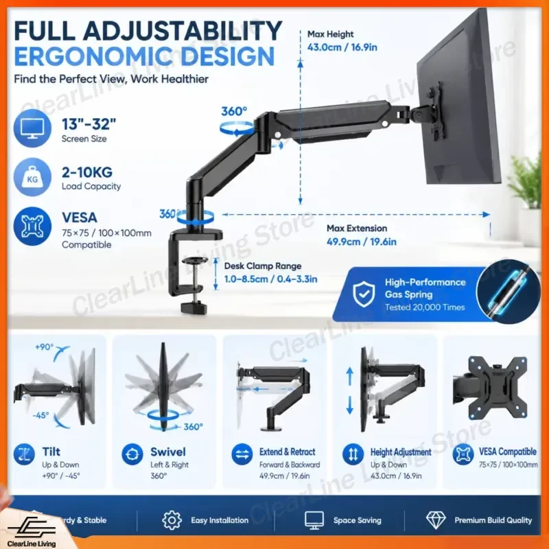 Universal Single Monitor Arm Mount Desk Clamp Stand for 13-32 Inch Computer Screens Full Motion Adjustable VESA Bracket Heavy