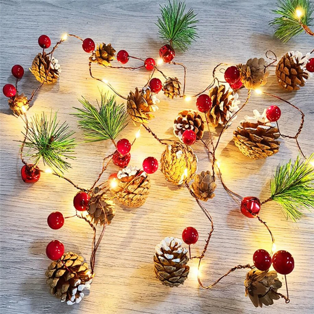 1pc Faux Pine Cone Red Berry Bell LED String Lights 2.13M 20LED for Indoor Fireplace Tabletop Christmas Tree Stair Railing Decor