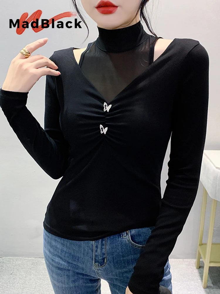 

MadBlack European Clothes Tshirt Women Sexy Turtleneck Halter Ruched Slim Cotton Tops Long Sleeve Tees Autumn Spring T39297JC