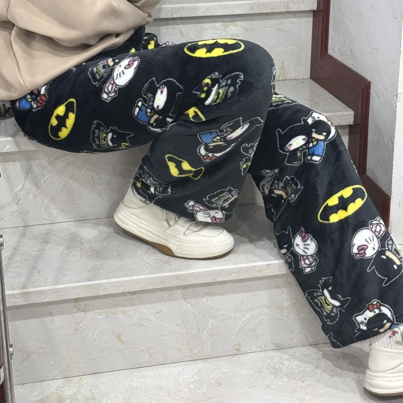 New Sanrio Y2k Style Autumn Hello Kitty Batman Pajama Pants Cartoon Hip Hop Women Warm Casual Flannel Cute Pants Birthday Gifts