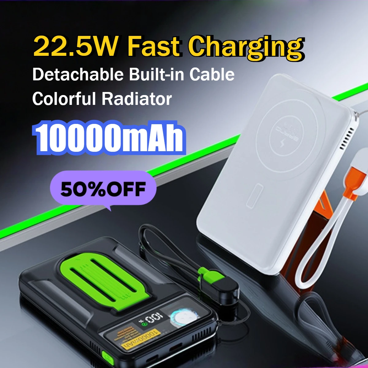 10000mAh 3-in-1 Magnetic Wireless Fast Charging Power Bank with Turbine Heat Dissipation and Built-in Cable