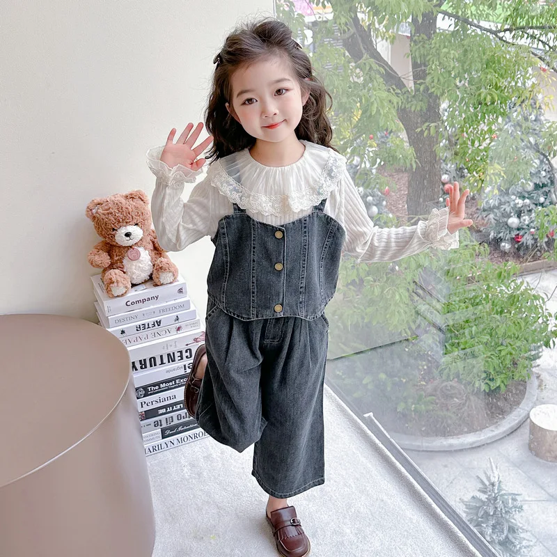 

Girls' Spring and Autumn Long Sleeve Base Shirt and Jeans Three-Piece Set Stylish2025New style sweet outfit for baby girls