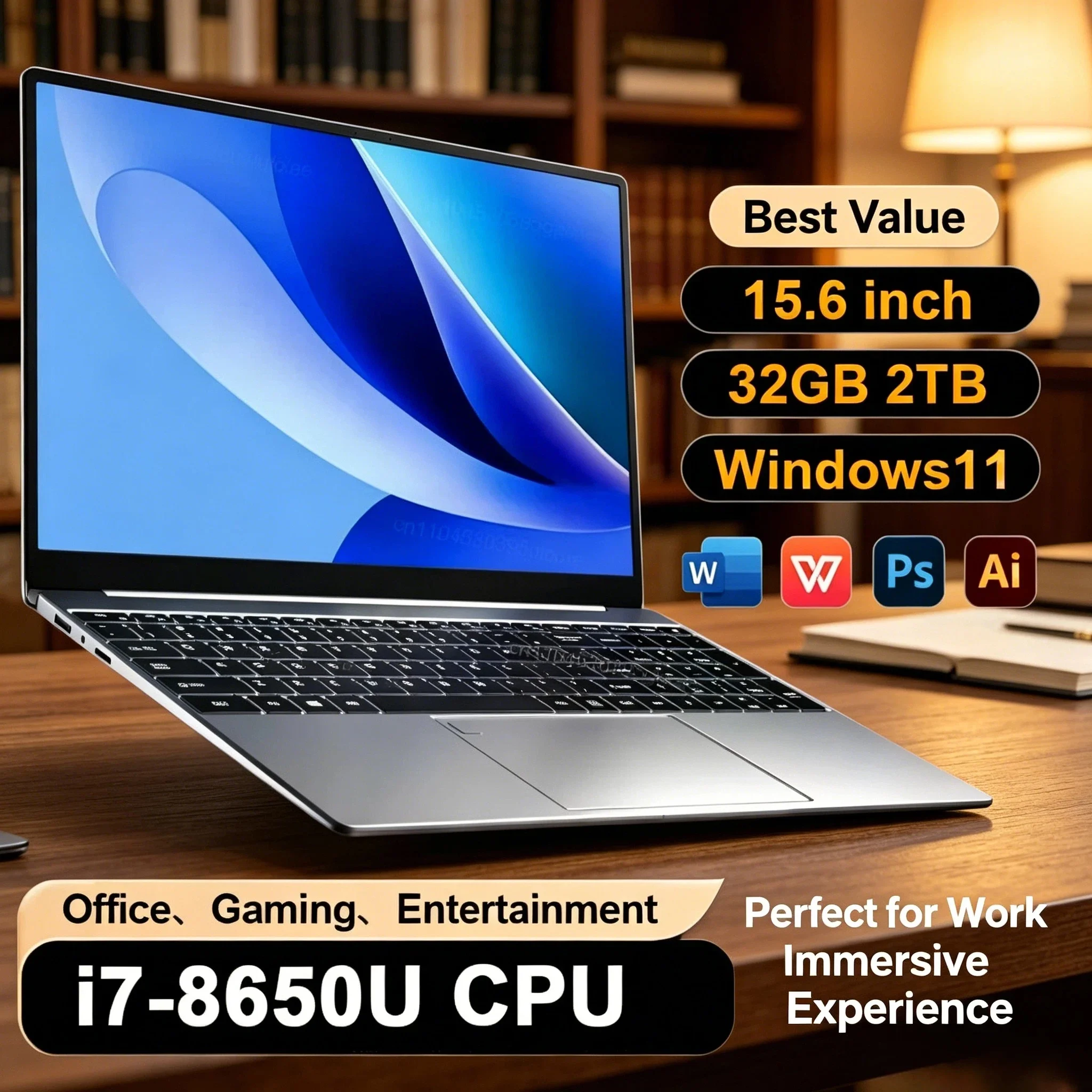

HOT 15.6 Inch Laptop Windows 11 Intel Core i7 8650U 32GB 1024GB 1920x1080 HD Gaming Computer PC Gamer Office Ultra Slim