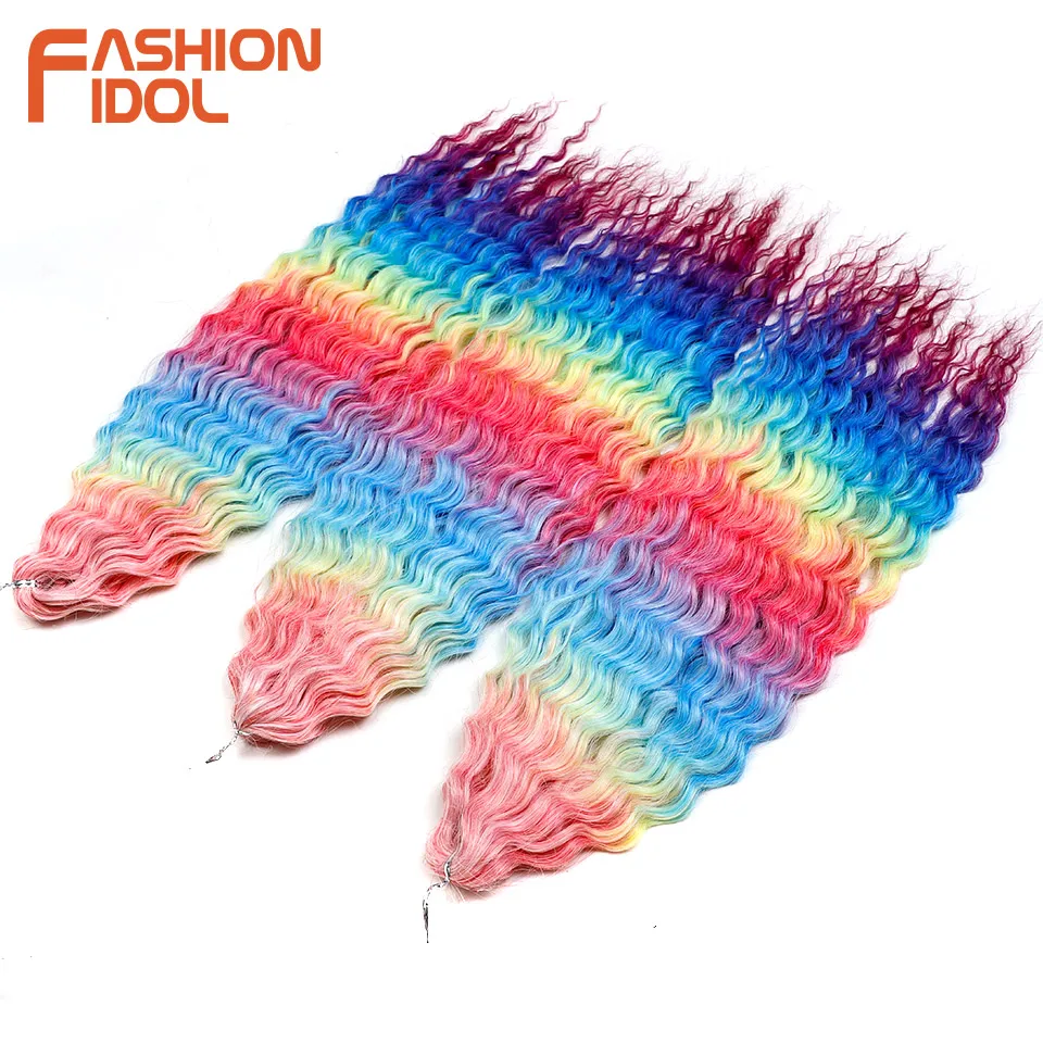 FASHION IDOL 300g 22 pulgadas cabello rizado Ariel, cabello crochet Water Wave Twist sintético, color arcoíris ombre, extensiones para trenzar 4