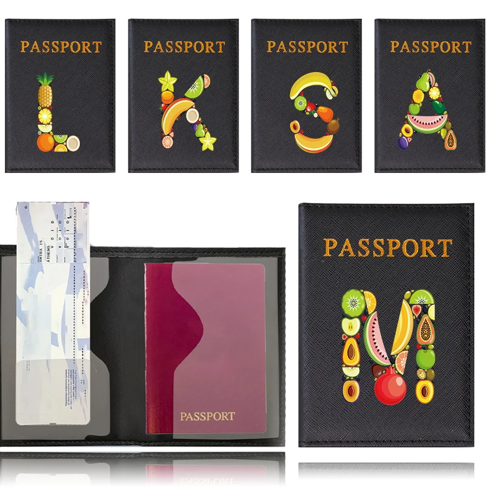 PULeather Passport Cover Case Card Holder Fashion Fruit Letter Name Pattern Wallet Lightweight Accessories for Flight for Unisex