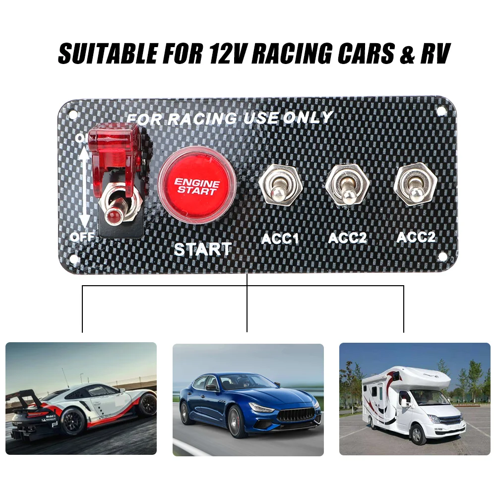 LED Toggle Switch Carbon Fiber 12V LED Ignition Switch Panel for Racing Car Engine Start Push Button