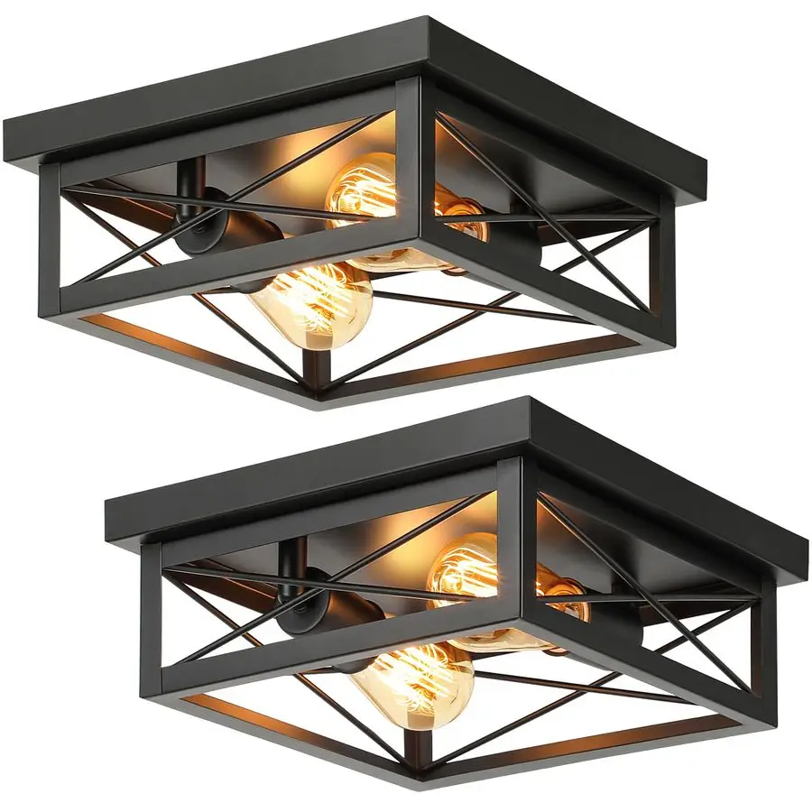 

2Light Industrial Square Flush Mount Ceiling Light, Farmhouse Ceiling Light Fixture for Kitchen, Modern Black Close to Ceiling L