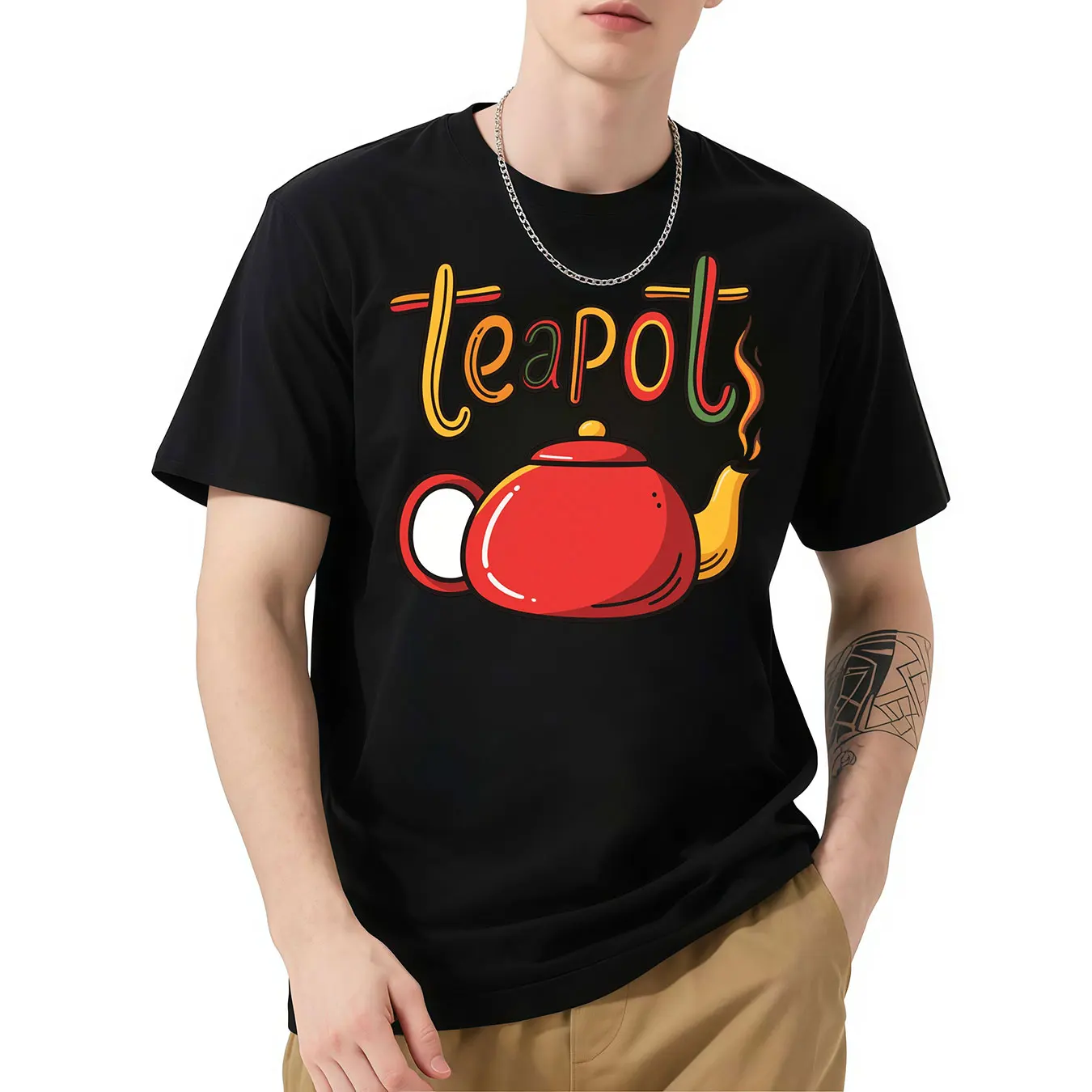

Teapot Graphic T - Shirt, Short Sleeve, Vibrant Teapot Print, Ideal for Tea Enthusiasts, Unique Style