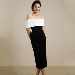 Classic Off the Shoulder Black and White Cocktail Dress Simple Tea-Length Women Banquet Event Straight Custom Made Gowns