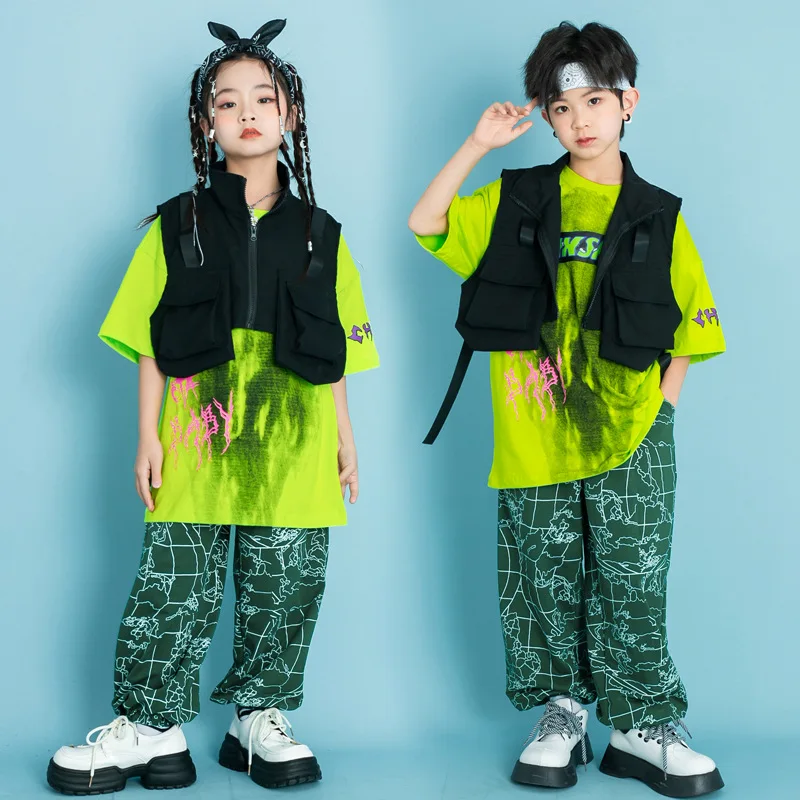 

Fashion Boys Girls Hip Hop Dance Clothes Black Vest Casual Pants Kids Concert Show Stage Wear Teenager Kpop Rave Costume 12 14Y