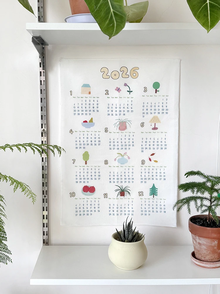 Cute Bedroom Wall Decorative Cloth 2026 Year Calendar Hanging Tapestry Korean Style Cartoon Motif Hand Washable Rectangular M...