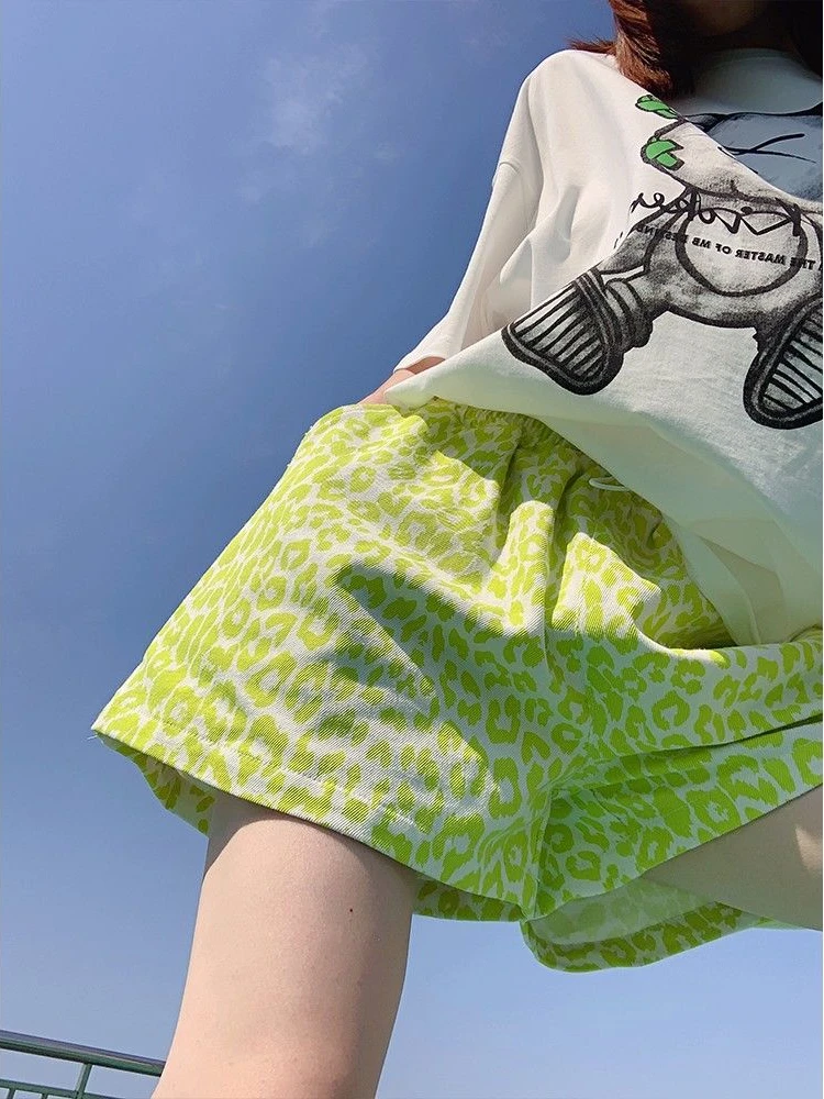 Loose Leopard Shorts Women Korean Style Sexy Soft Leisure Stylish Fluorescent Green Summer Streetwear Drawstring Fashion Ulzzang